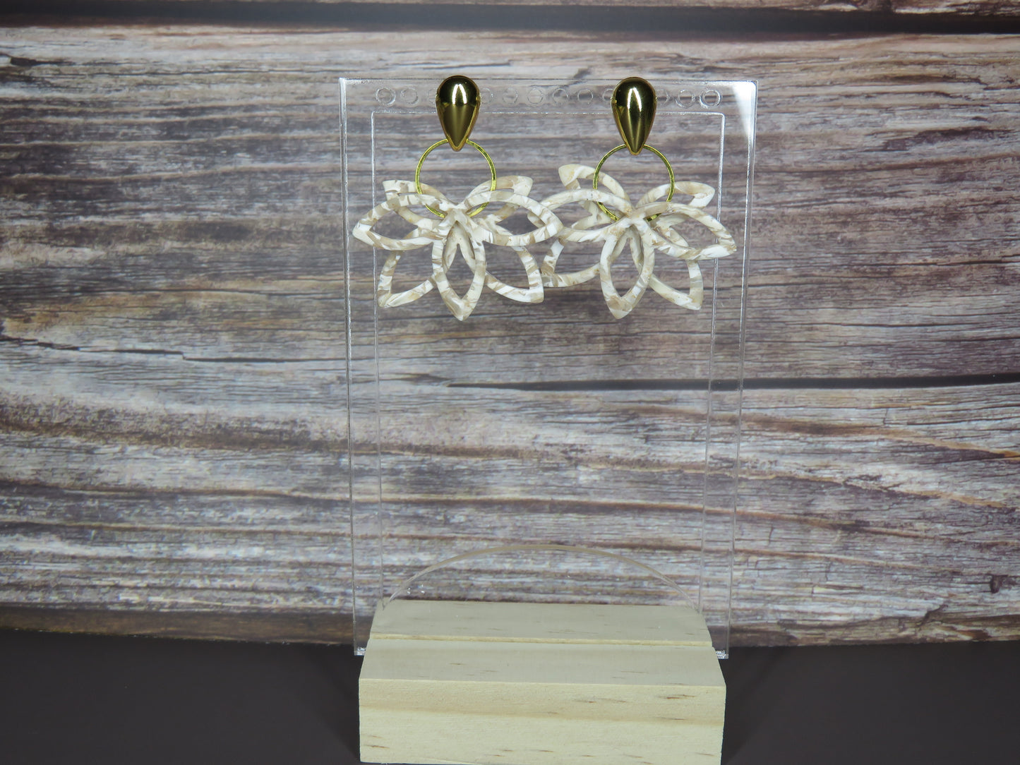 Beige and Gold Flower Dangle Earrings