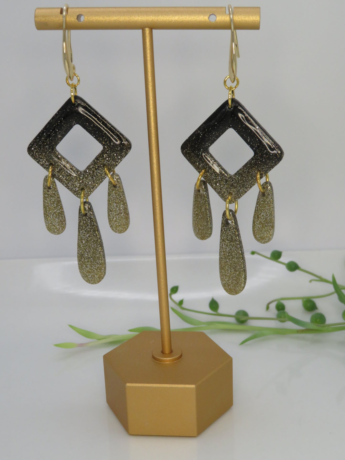 Diamond Dangles in black and sparkling gold earrings