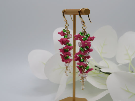 Pink Flower and Crystal Bead Dangle Earrings